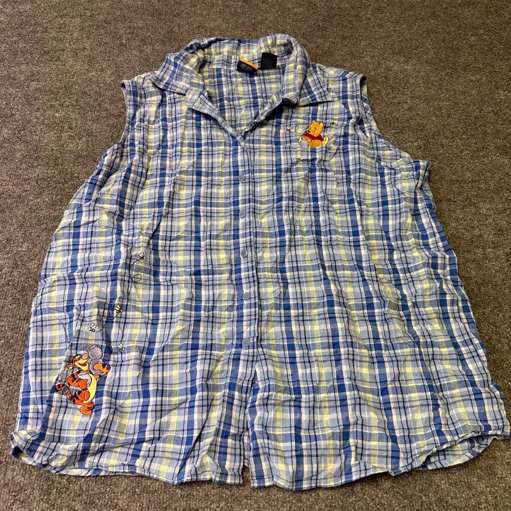 Pooh Sleeveless Shirt Womens Size 18W/20W Blue Plaid Cotton Winnie Tigger Disney